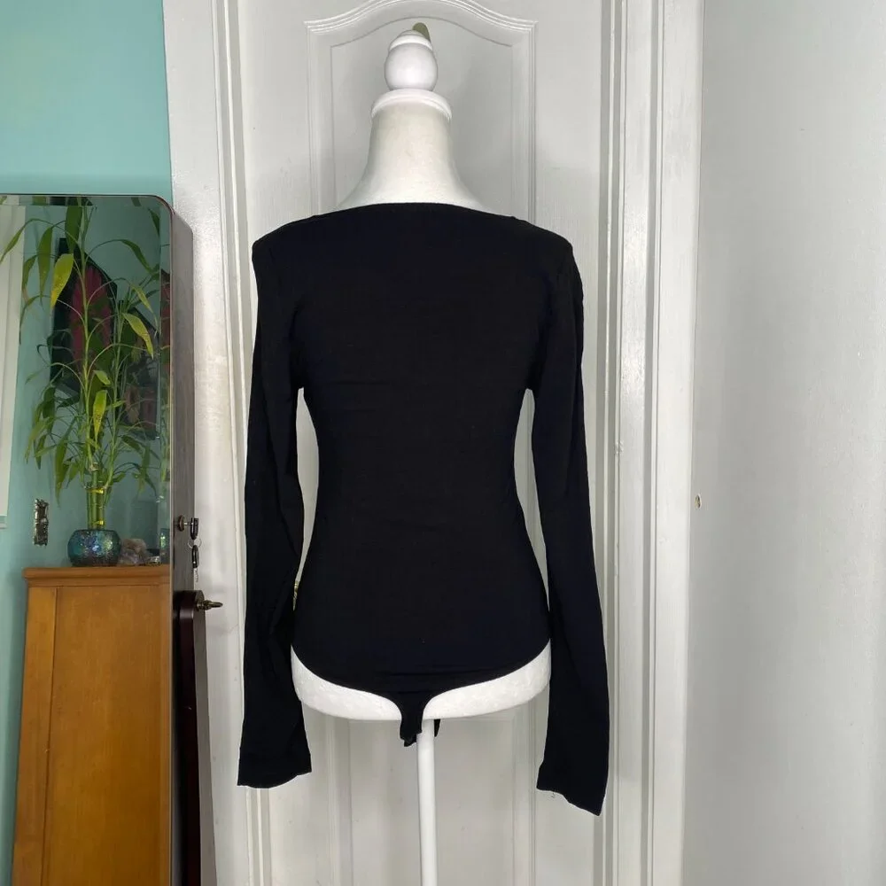 Free People Intimately Black Square Neck V Notch Stretch Bodysuit, S #338 - Picture 3 of 10